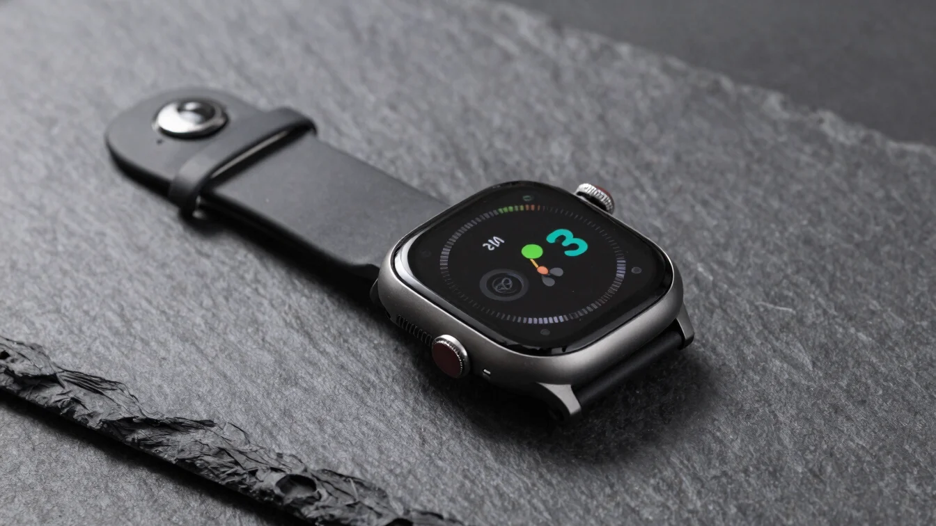 Smartwatch with active fitness metrics on screen resting on a dar