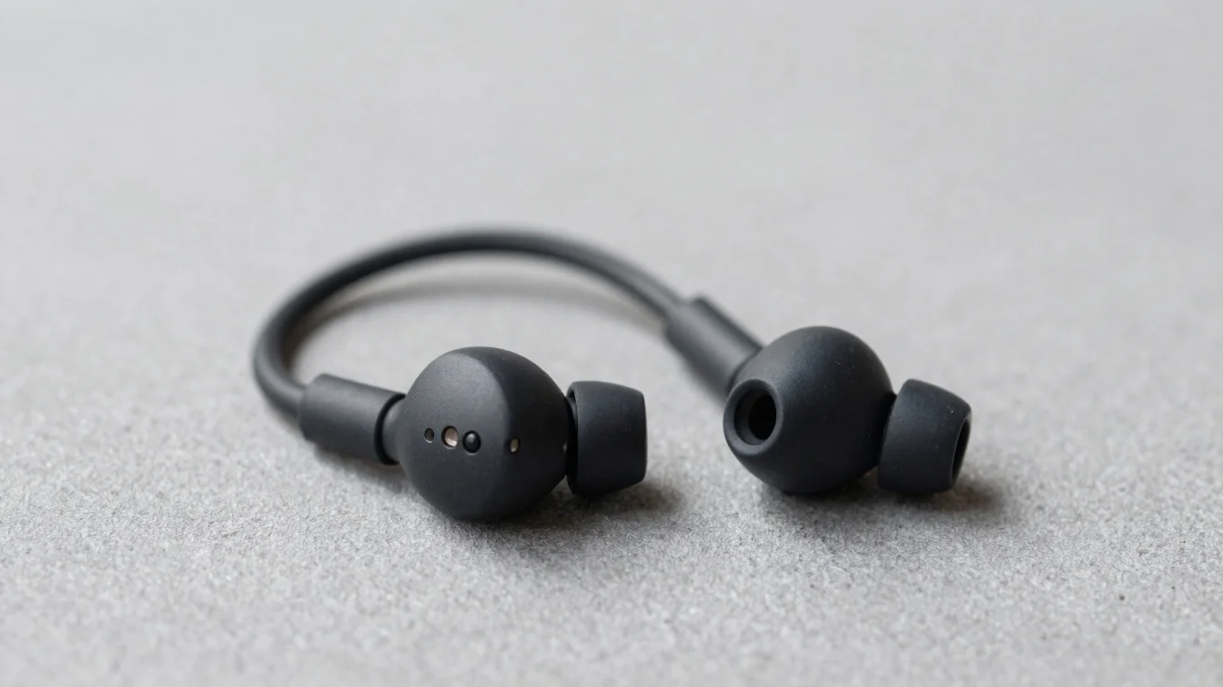 Wireless sports earbuds with ergonomic hooks on a minimal grey te