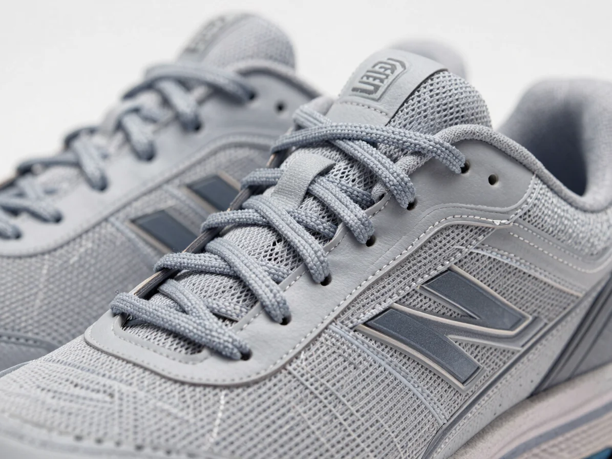 Macro technical photograph of sports gear, detailed stitching on running shoes, clean studio daylight lighting