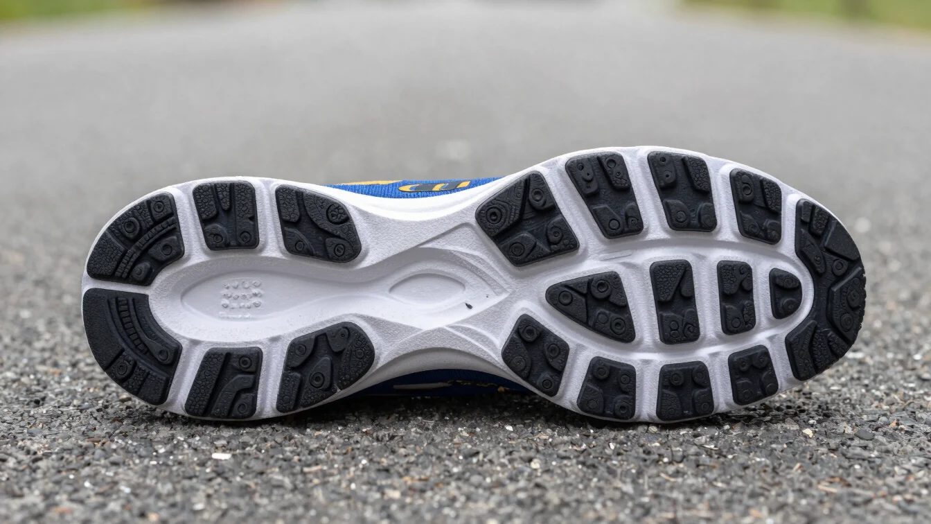 Detailed close up of running shoe outsole and cushioning texture on asphalt