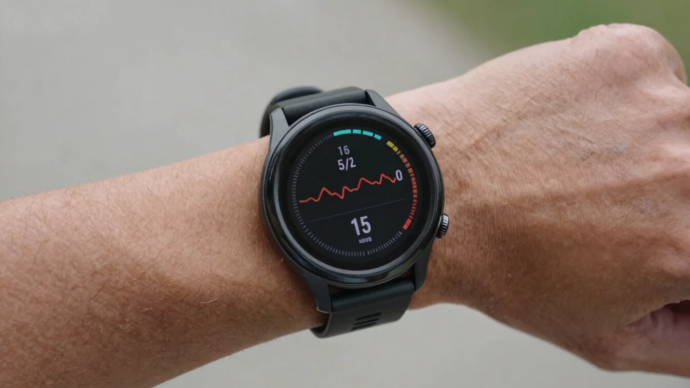 Smartwatch screen displaying heart rate metrics on a runner wrist in daylight